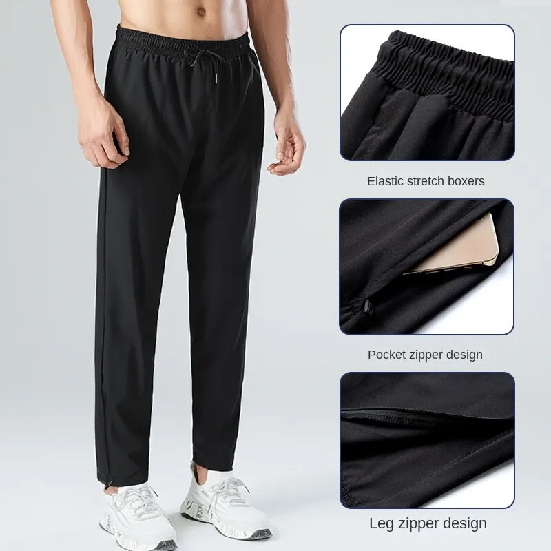 Hzori Sports Pants Men's Spring/Summer Ice Silk Quick-Drying Breathable Fitness Ankle Banded Drawstring Straight Casual Side Zipper Trousers Running Pants