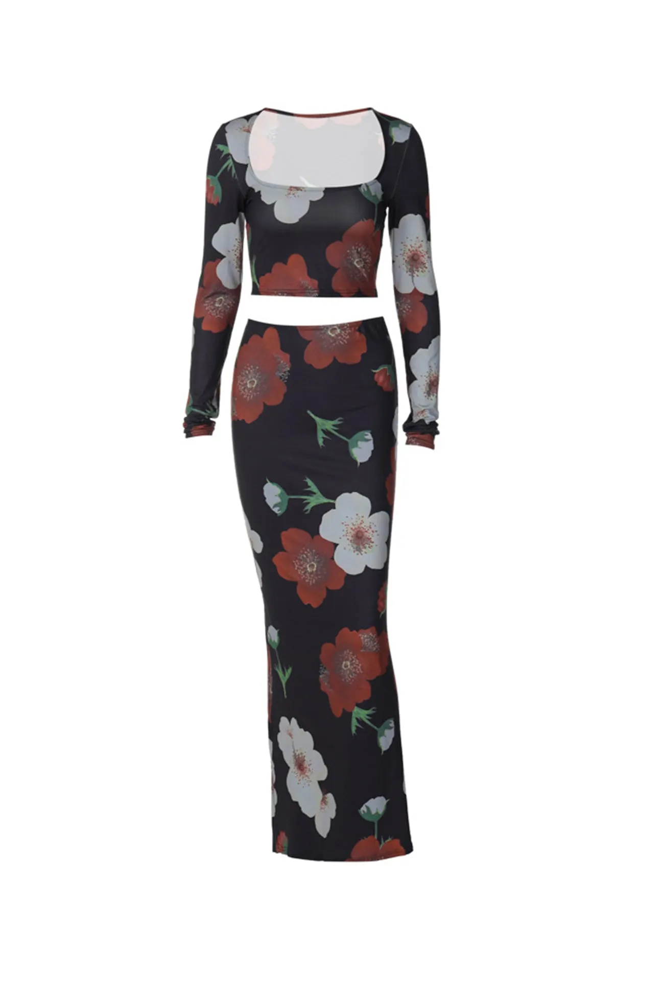 Joskaa Floral Print Crop Top Midi Skirt Suits