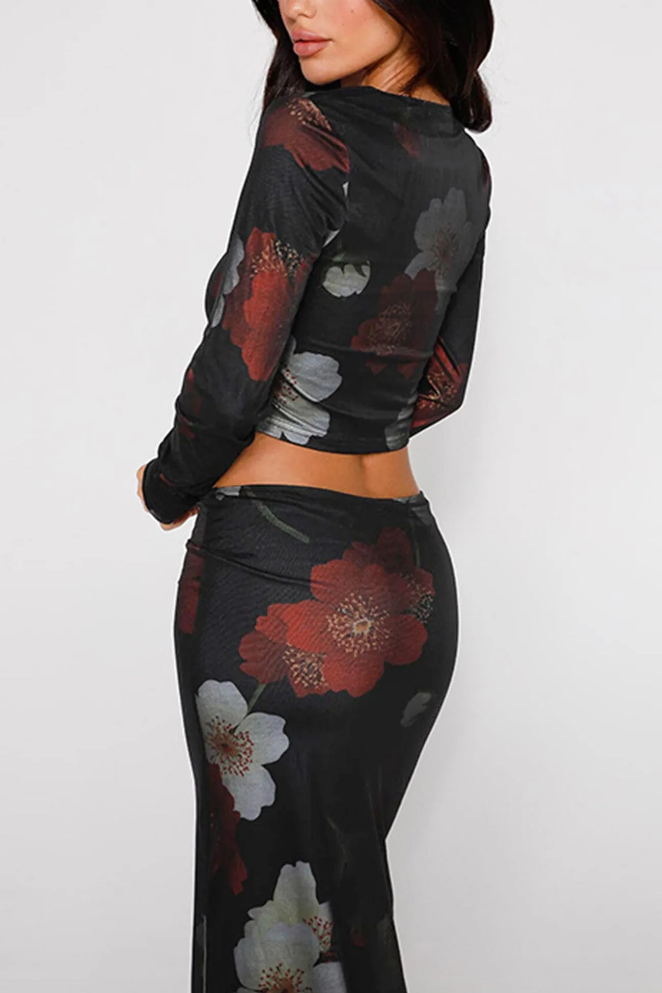 Joskaa Floral Print Crop Top Midi Skirt Suits