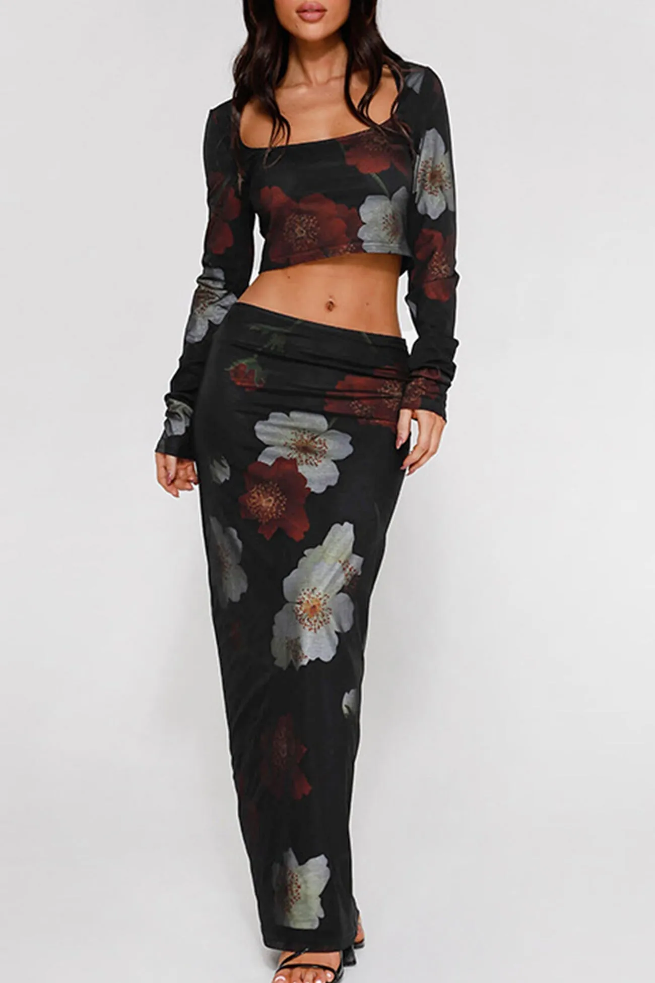 Joskaa Floral Print Crop Top Midi Skirt Suits