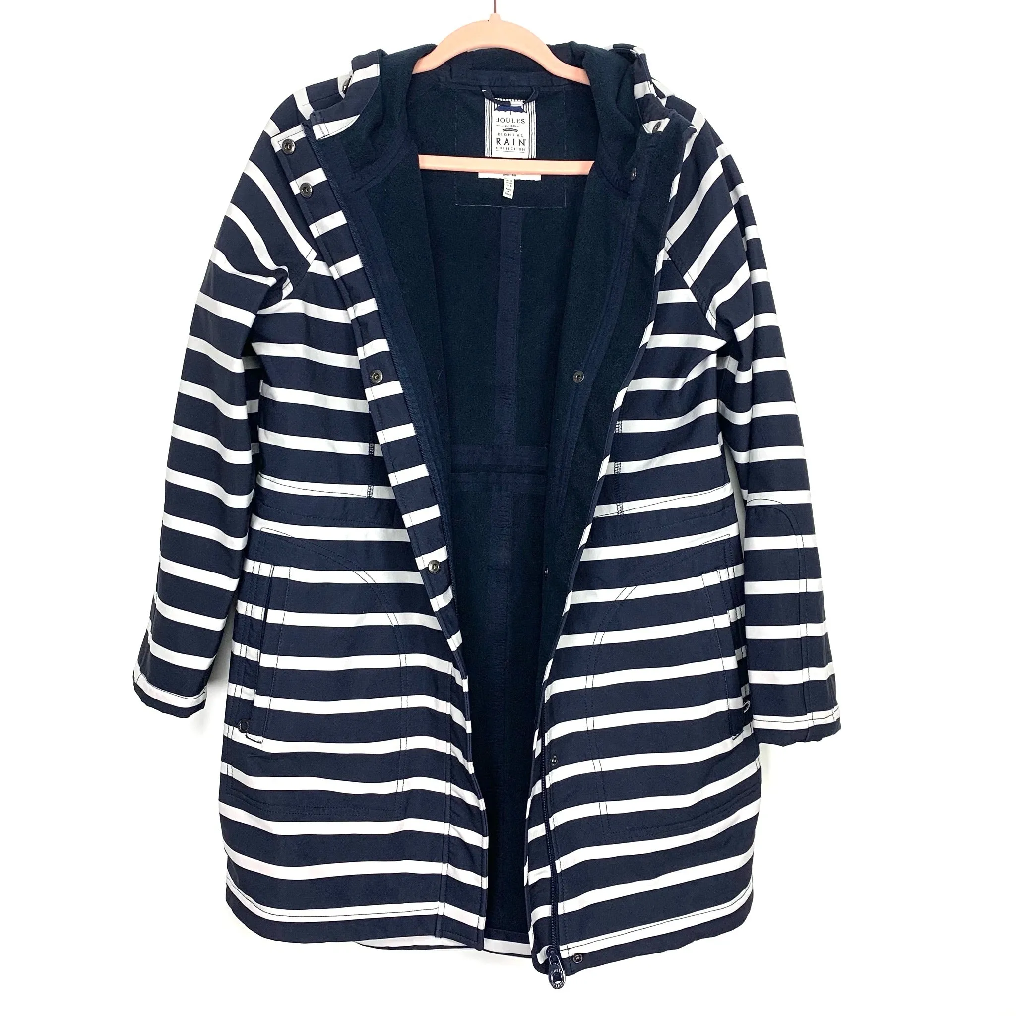 Joules Navey and White Striped Fleece Lined Hooded Rain Jacket- Size 8 (color sold out online)