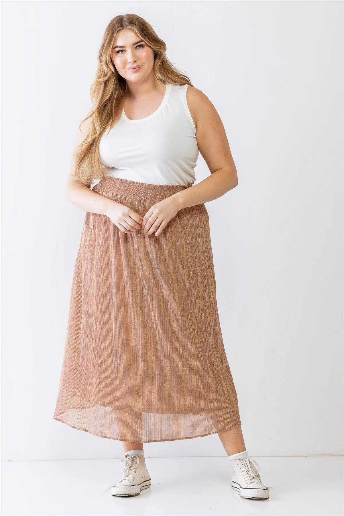 Junior Plus Rose & Gold Shiny String Elasticized High Waist Midi Skirt /2-2-1