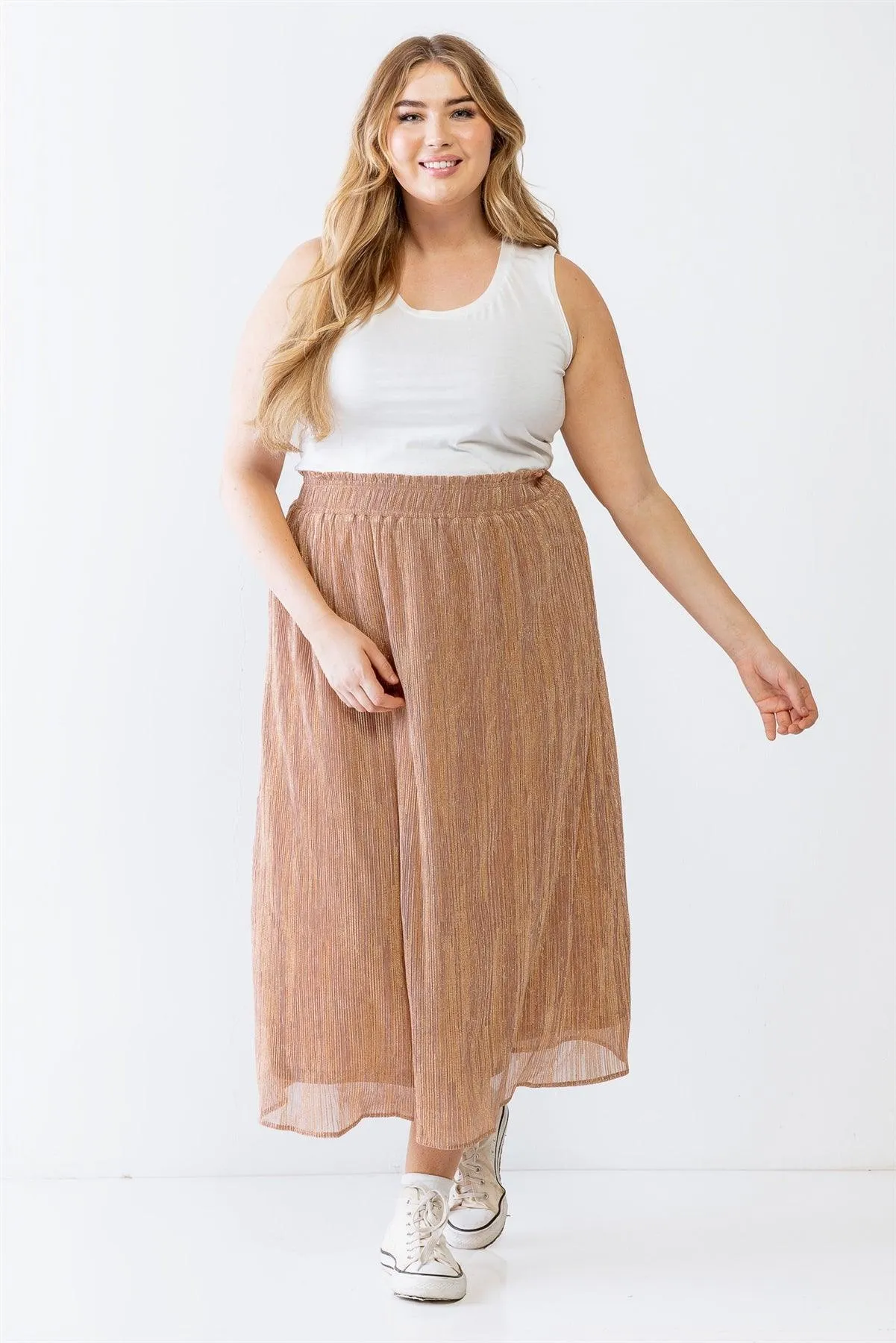 Junior Plus Rose & Gold Shiny String Elasticized High Waist Midi Skirt /2-2-1