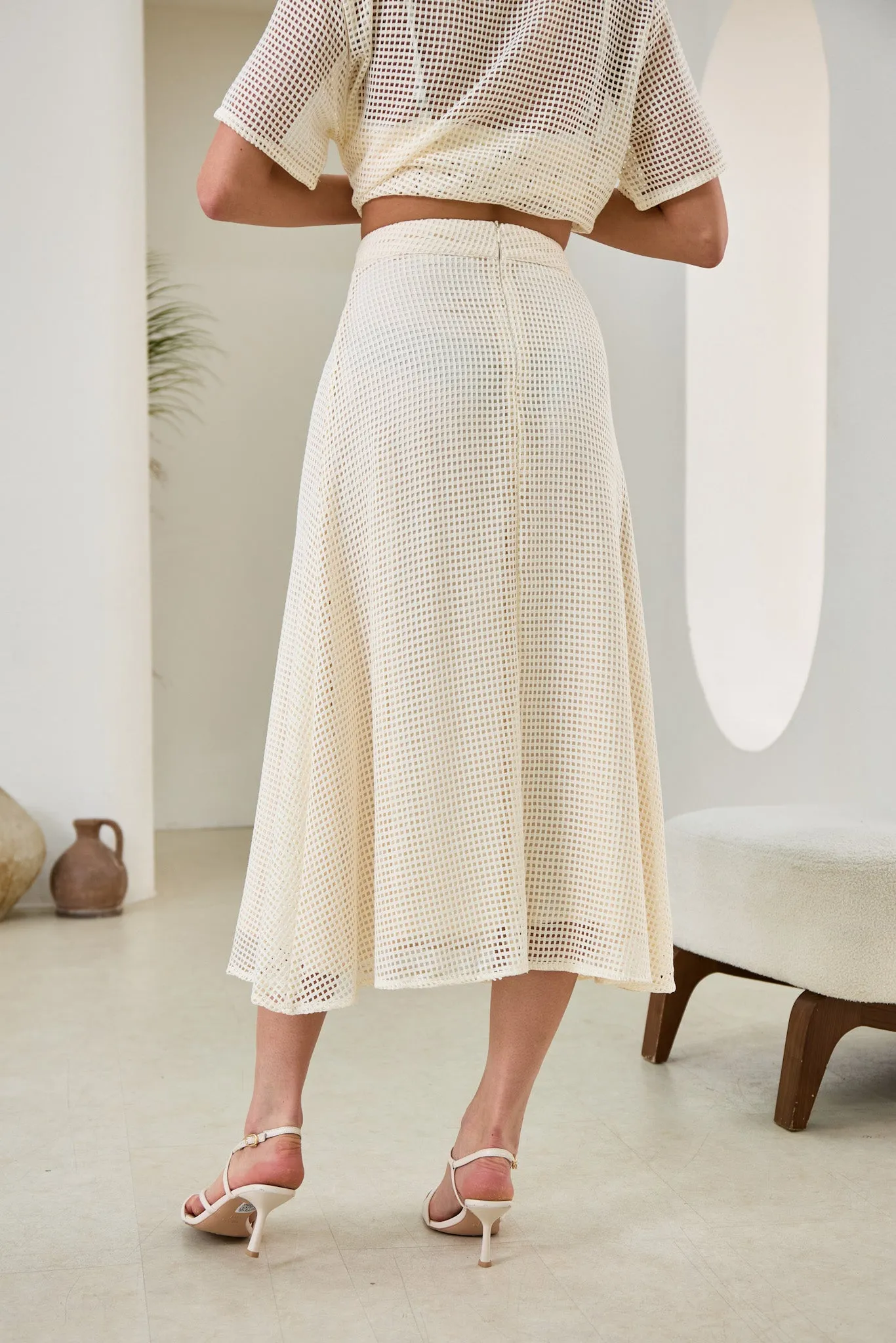 Kara Cream Open Mesh Midi Skirt