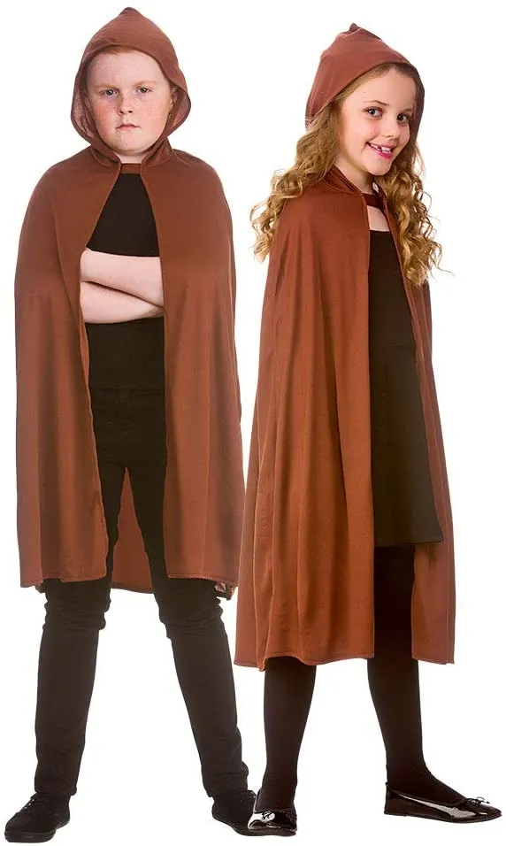 Kids Brown Hooded Cape Wizard Jedi Cloak Fancy Dress Costume