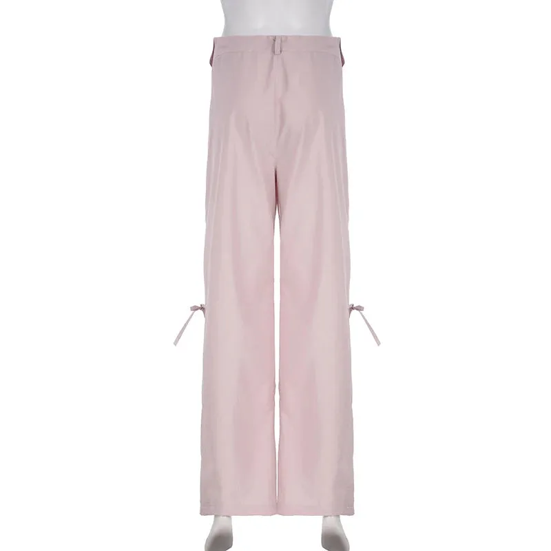 Korean Fashion Straight Leg Pink Women Trousers Bow Tie-Up Harajuku Pants Girls Solid Cute Coquette Capris Sweatpants