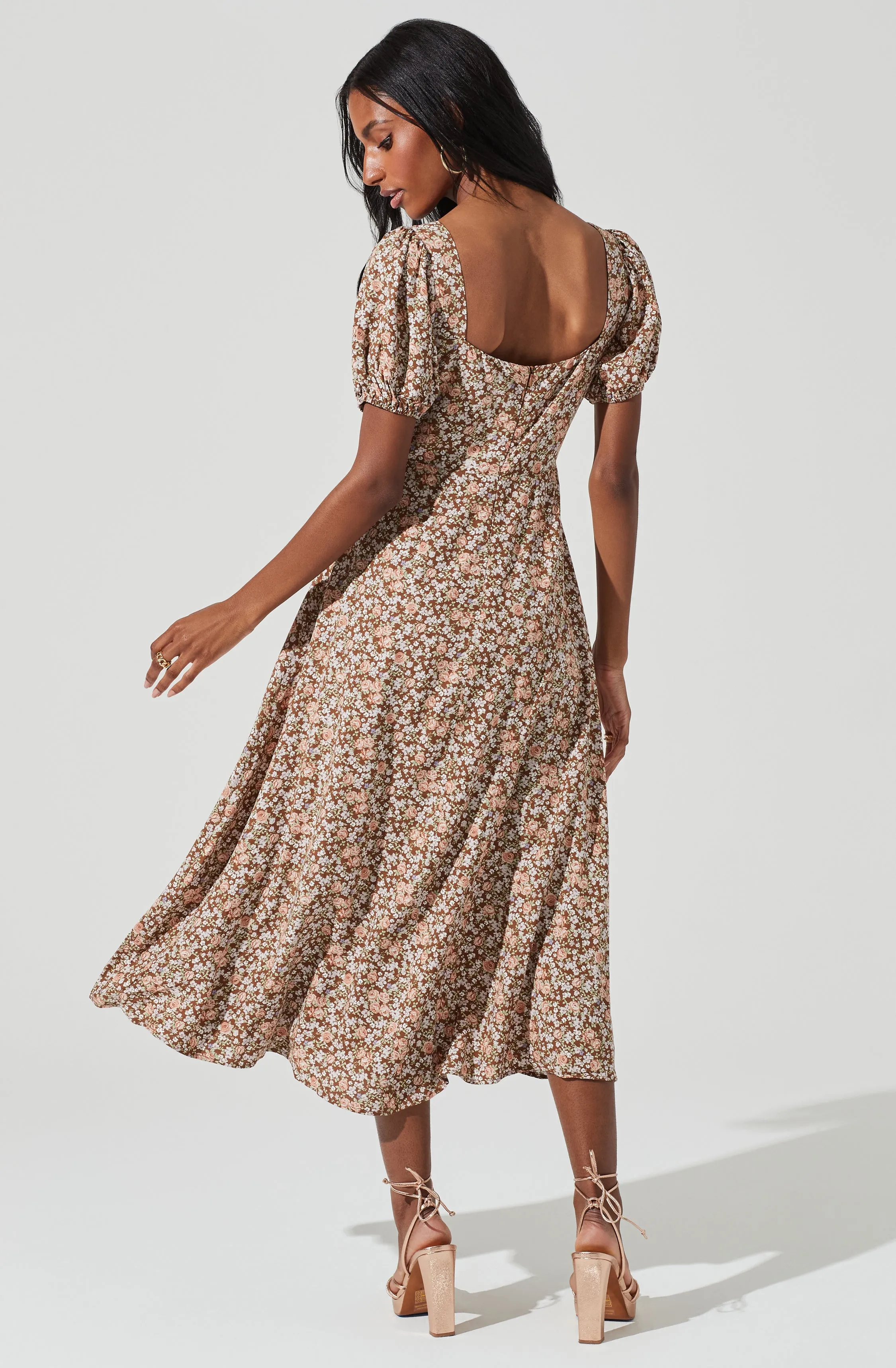 Lace Up Puff Sleeve Floral Midi Dress