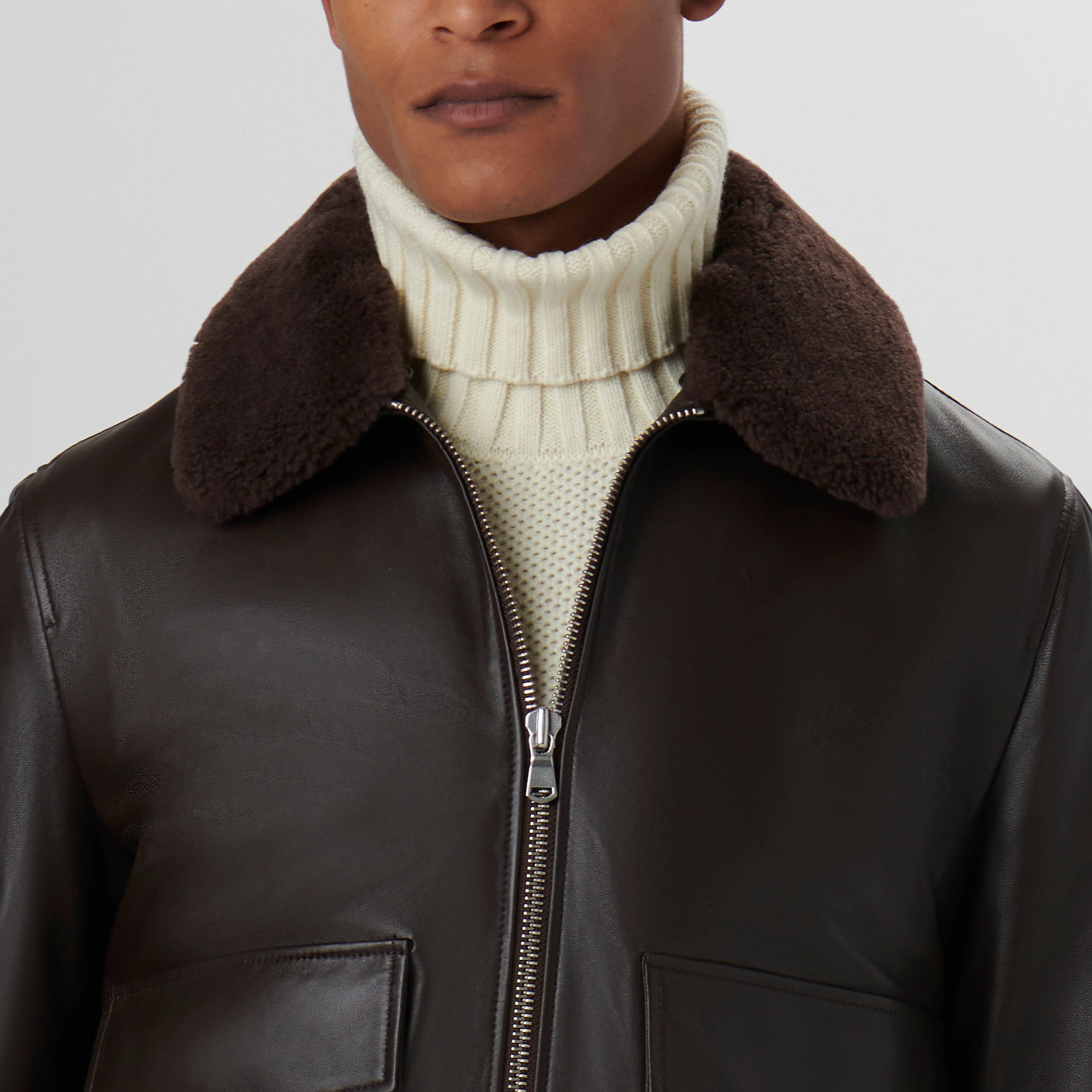 Leather Bomber Jacket with Removable Shearling Collar