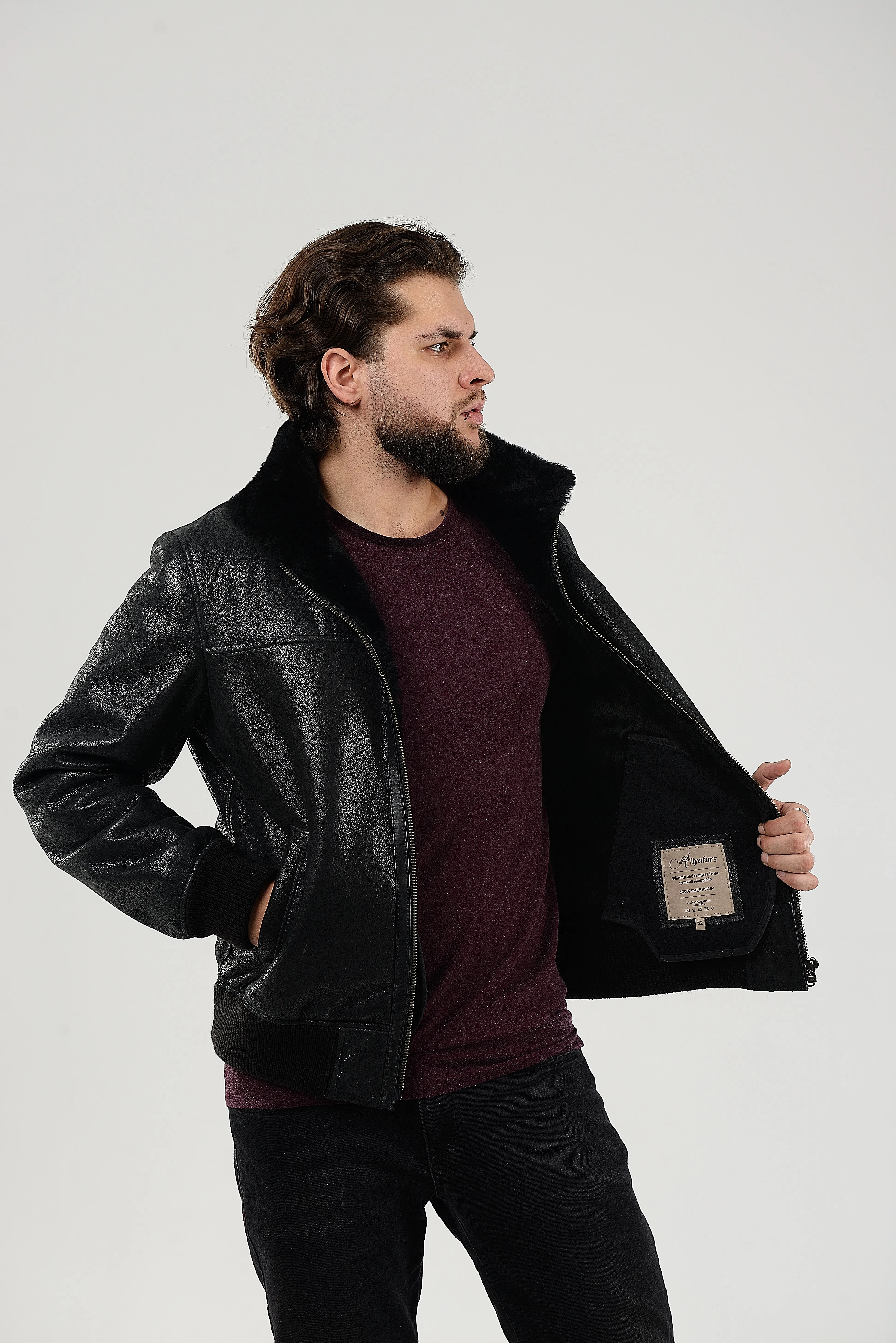 Lightweight Real Shearling Sheepskin Leather Mens Jacket in Black Color