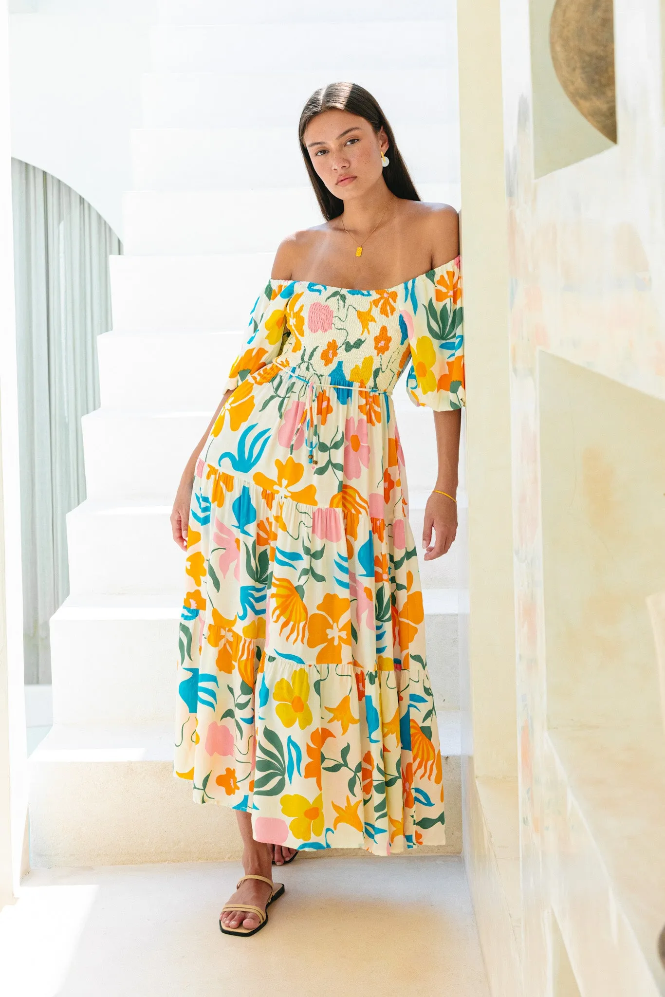 Magnolia Yellow Blue Floral Puff Sleeve Midi Dress