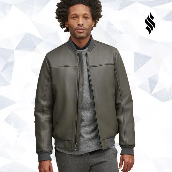 Men Leather Stadium Bomber Jacket