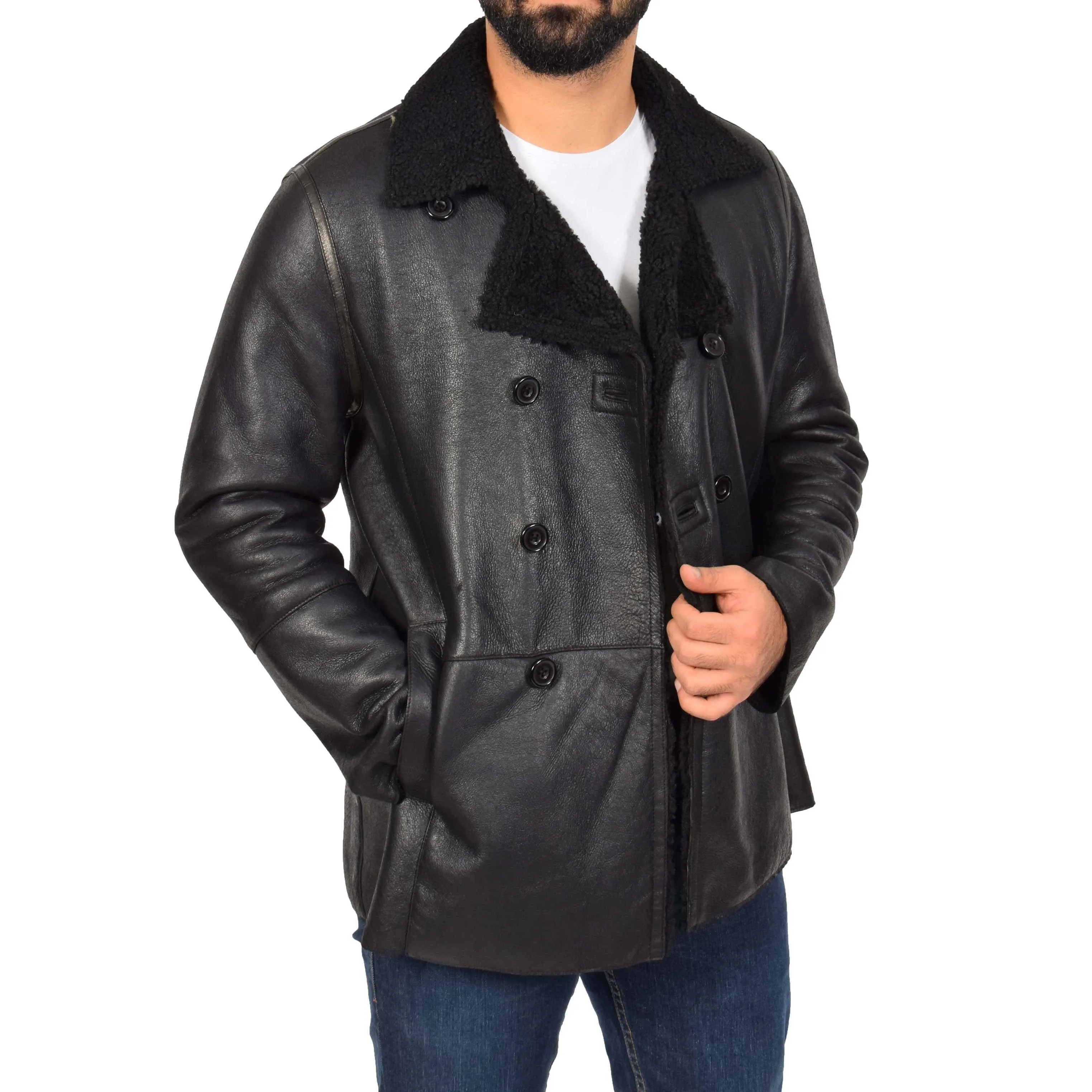 Mens Authentic Sheepskin Jacket Reefer Blazer Pea Coat Lorenzo Black