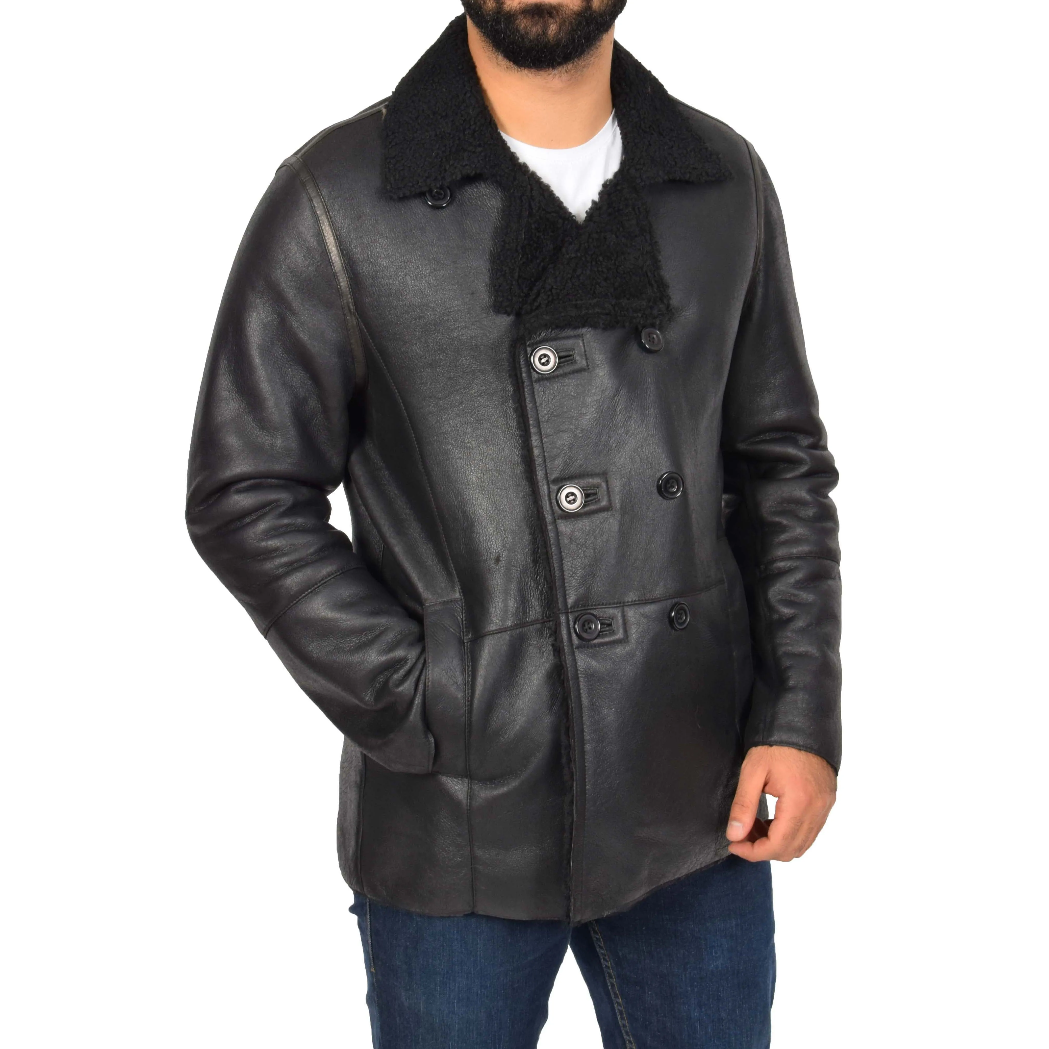 Mens Authentic Sheepskin Jacket Reefer Blazer Pea Coat Lorenzo Black