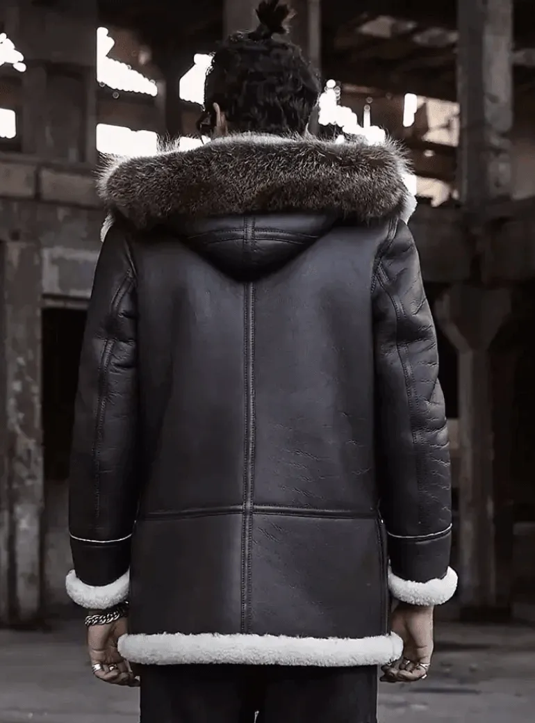 Mens Sheepskin Shearling Coat with Detachable Hood