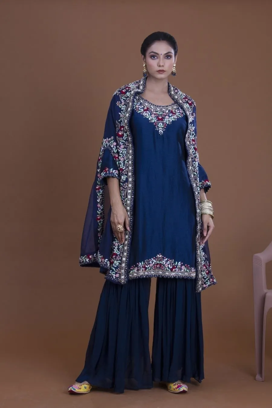 Navy Blue Kurta, Sharara And Cape Set