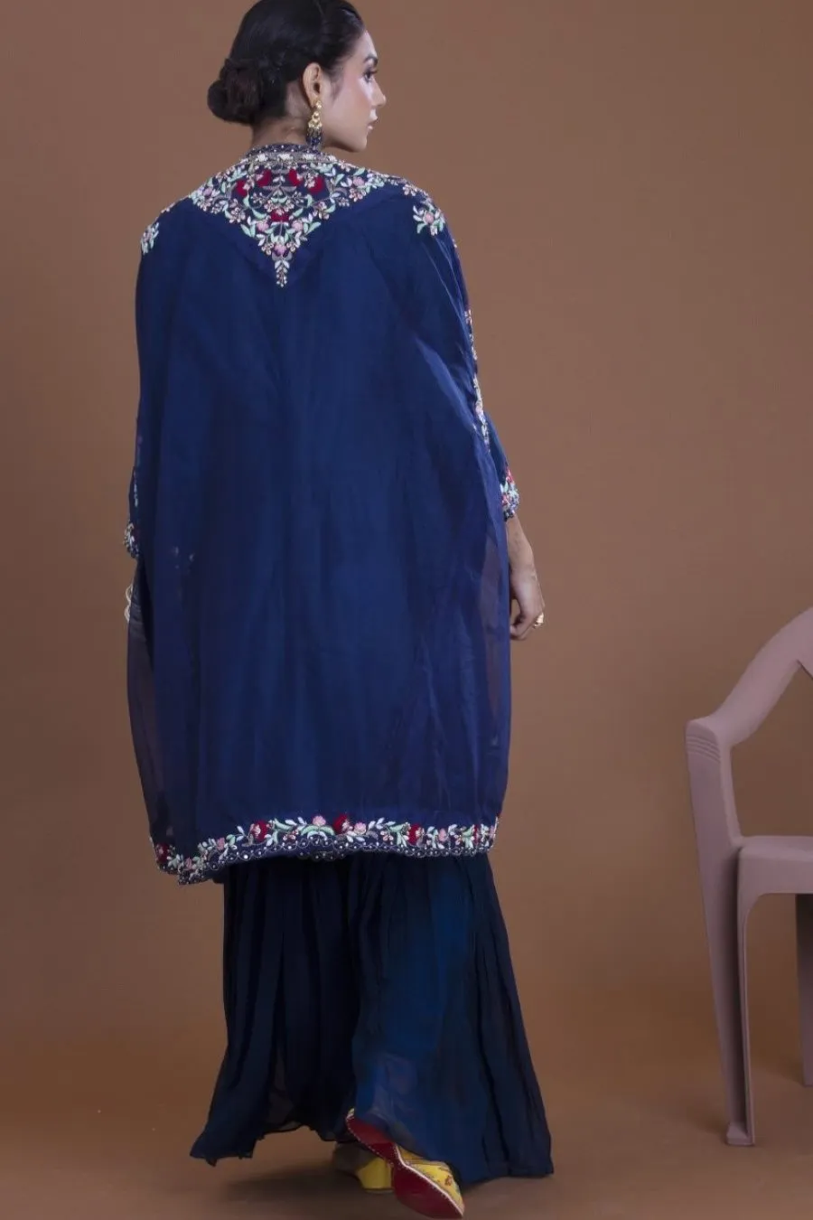 Navy Blue Kurta, Sharara And Cape Set