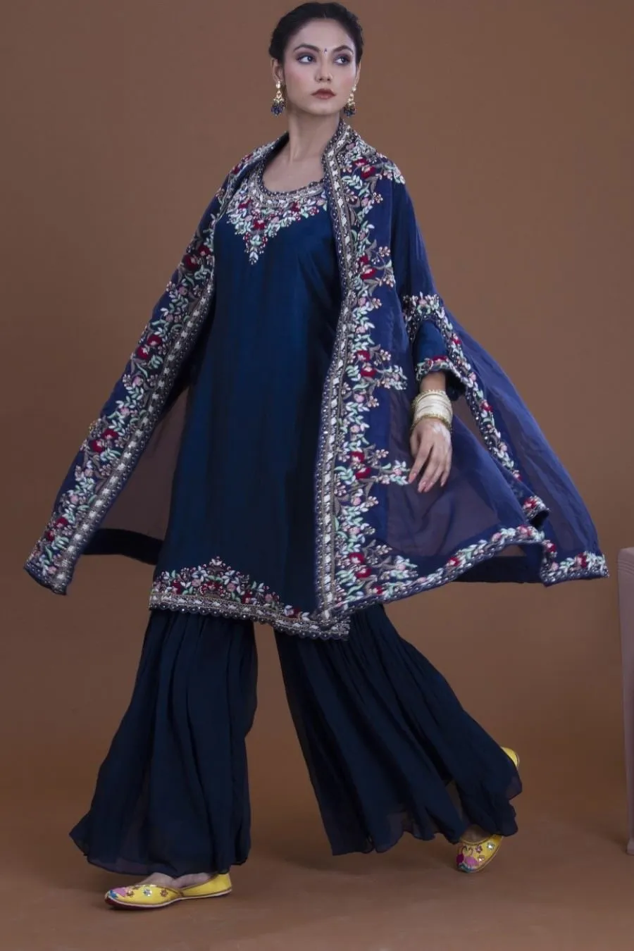 Navy Blue Kurta, Sharara And Cape Set