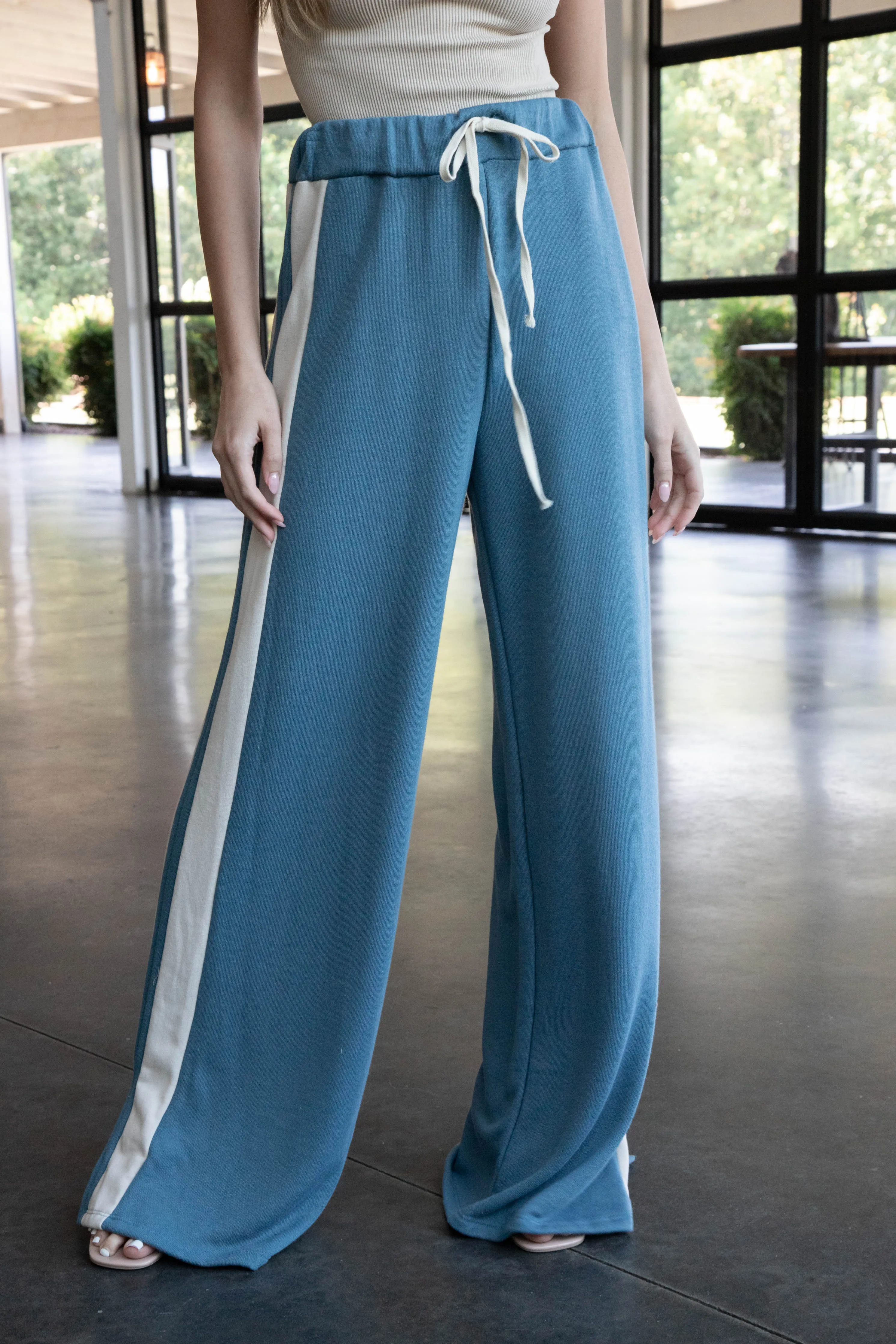 Nikki Colorblock Stripe Sweatpants, Slate Blue/Cream