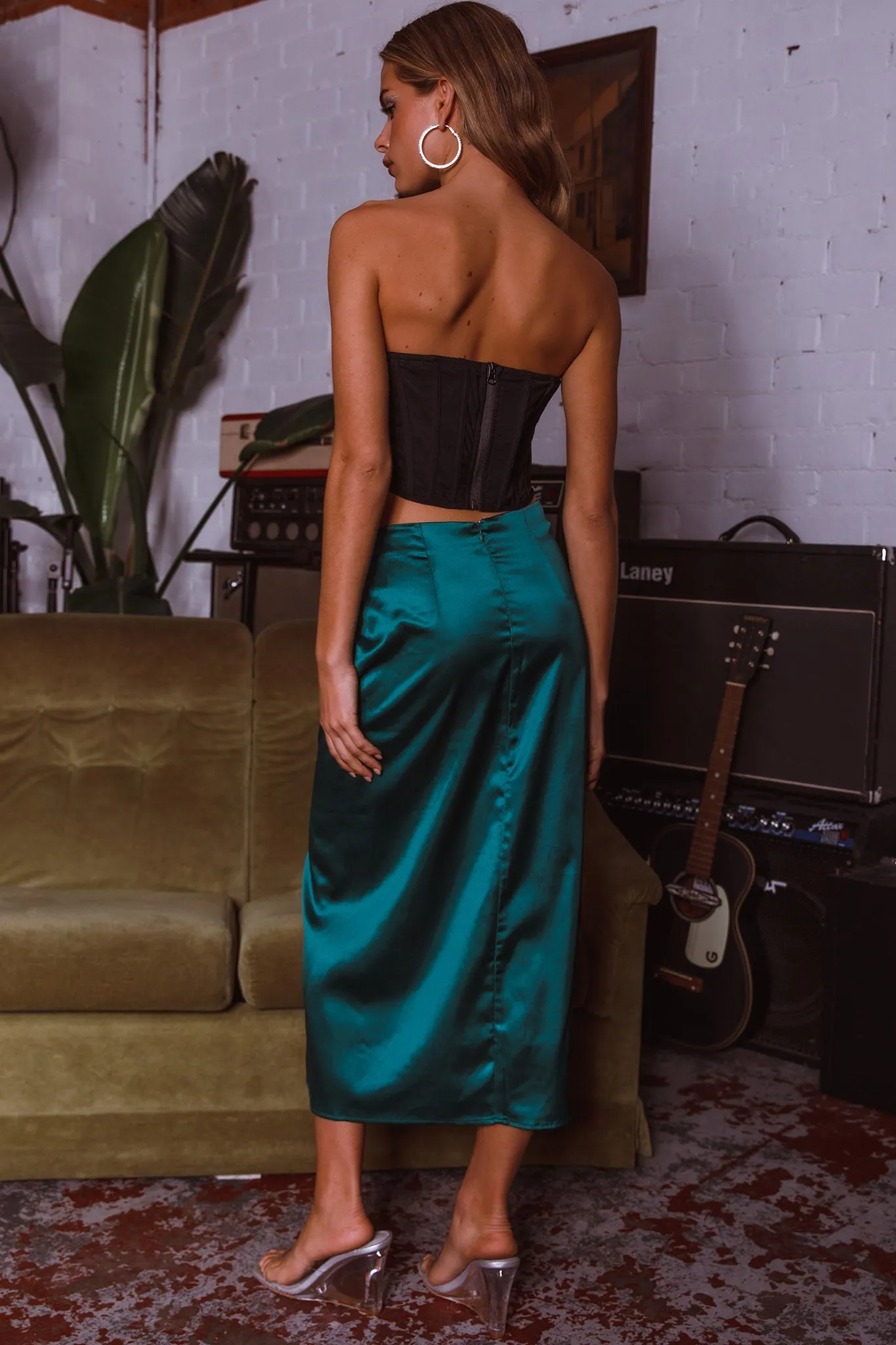 On The Money Gathered Midi Skirt Green