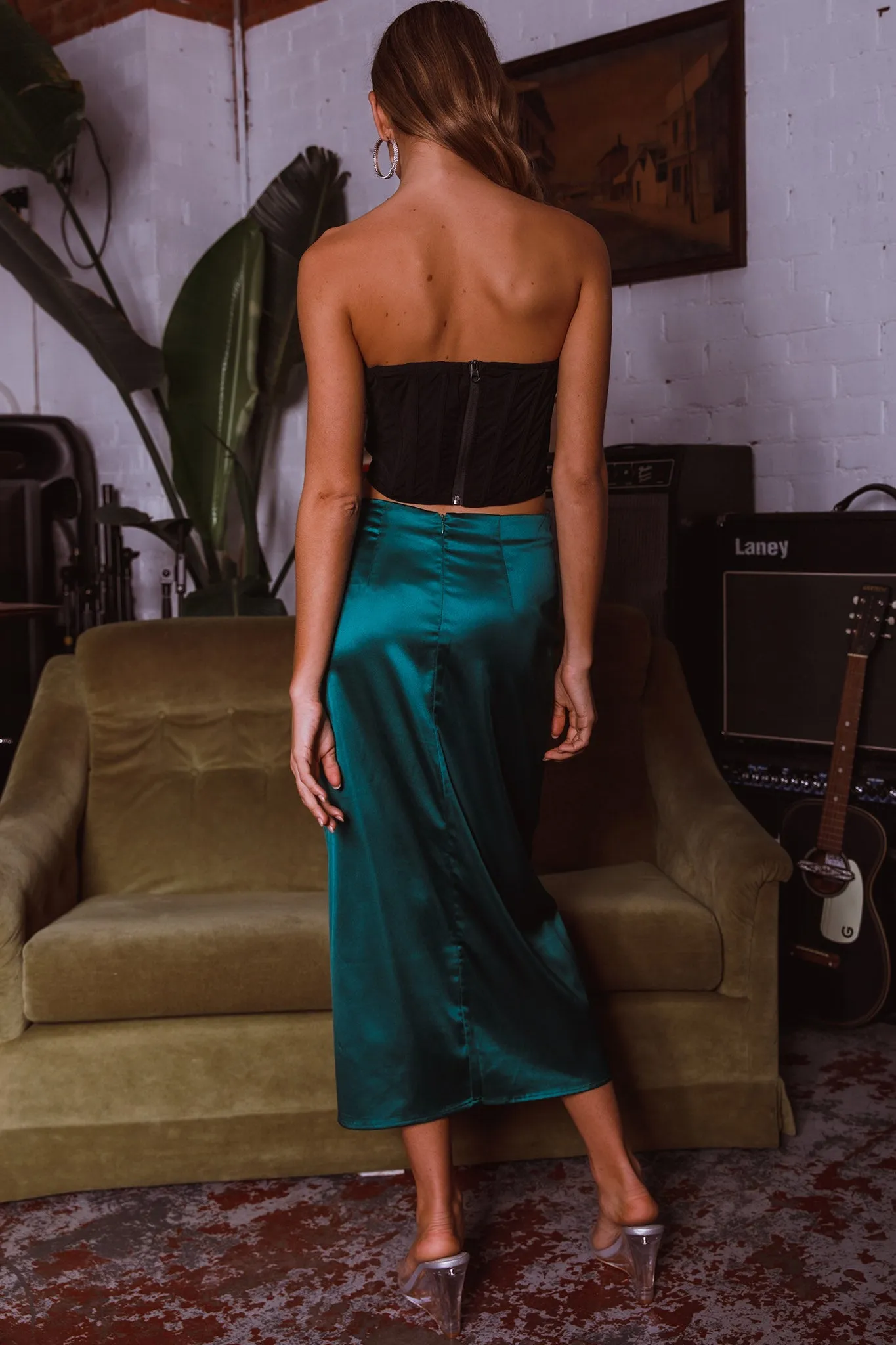 On The Money Gathered Midi Skirt Green