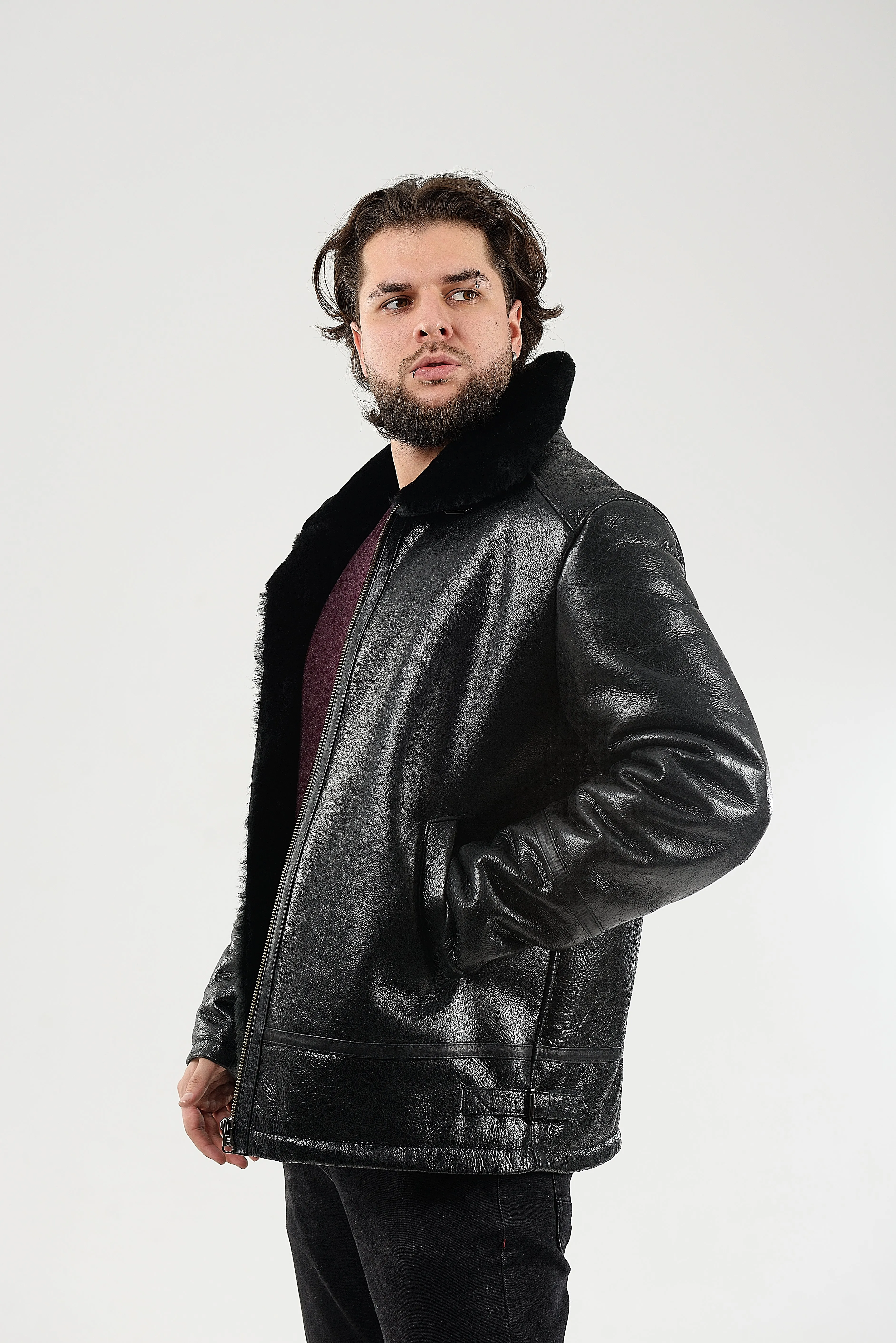 Real Winter Leather Mens Shearling Pilot Jacket in Black Color with Fur Collar