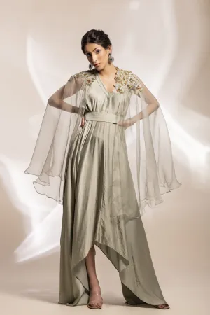 Sage Green Modal Satin Drape With Embroidered Tulle Cape.