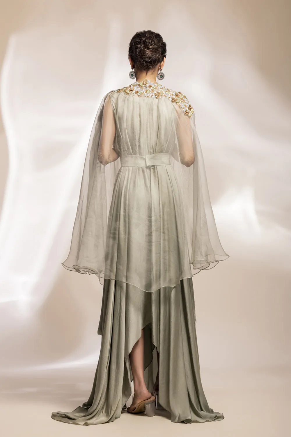 Sage Green Modal Satin Drape With Embroidered Tulle Cape.