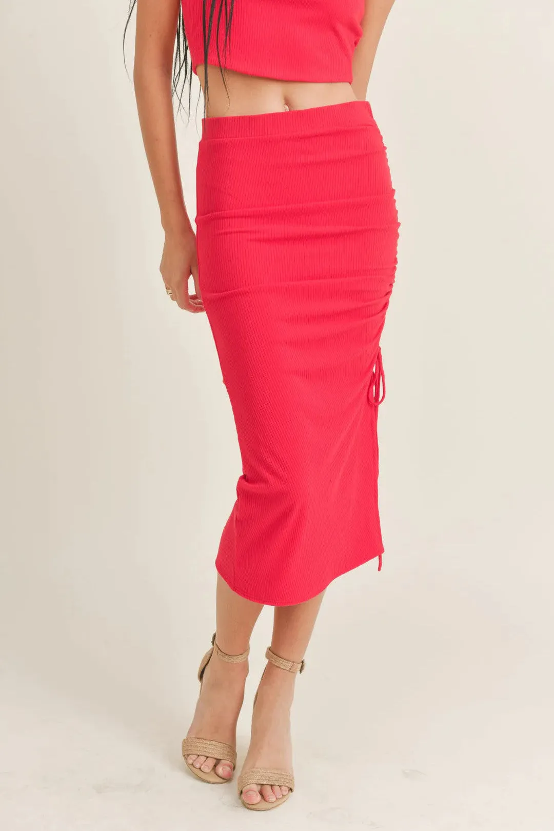 Sage the Lablel Bold Girl Side Ruched Midi Skirt in Red