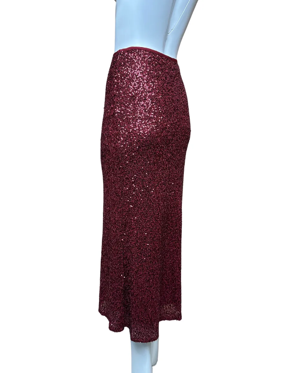 Sequin Bias Maxi Skirt in Burgundy