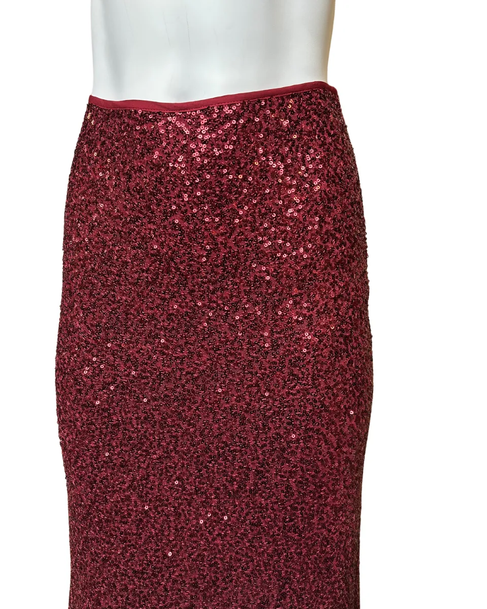 Sequin Bias Maxi Skirt in Burgundy