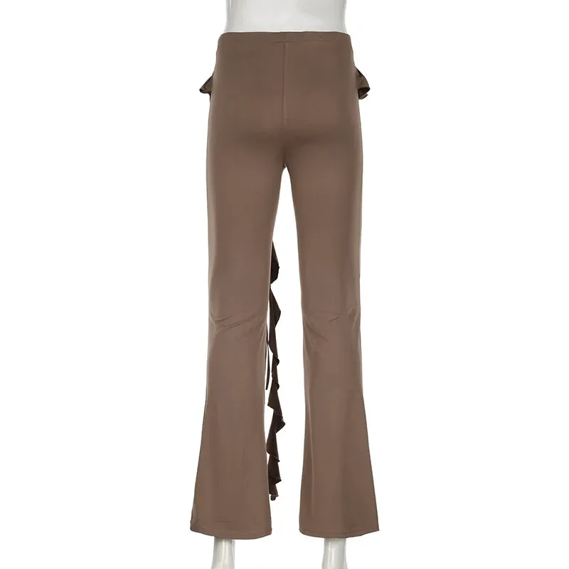 Streetwear Brown Skinny Ruffles Women Pants Solid Basic Harajuku Fringe Ruched Trousers Autumn Sweatpants Elastic New