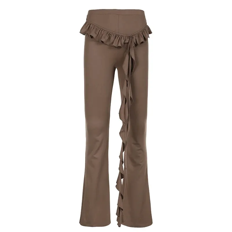 Streetwear Brown Skinny Ruffles Women Pants Solid Basic Harajuku Fringe Ruched Trousers Autumn Sweatpants Elastic New