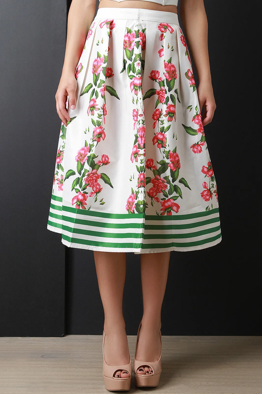 Taffeta Floral And Stripe Pleated Skirt