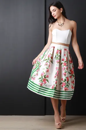 Taffeta Floral And Stripe Pleated Skirt