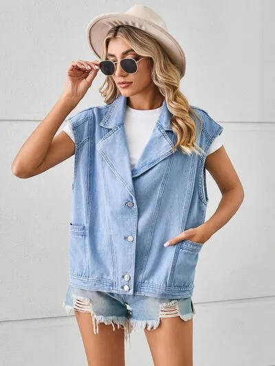 TEEK - Pocketed Sleeveless Denim Jacket