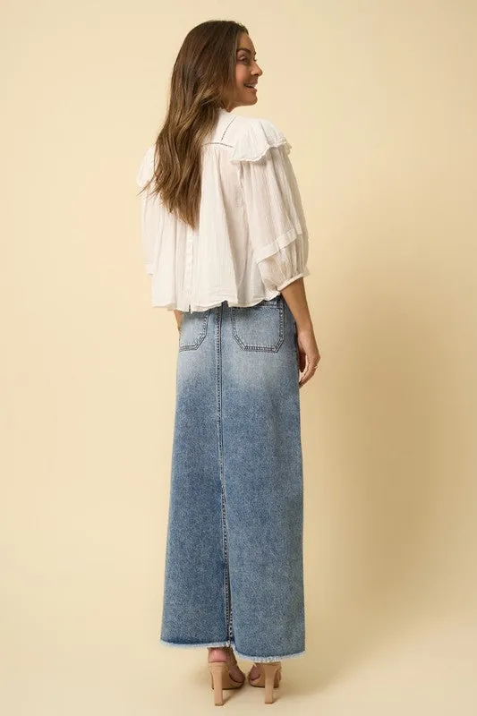 The Rita High Rise Flared Maxi Denim Skirt