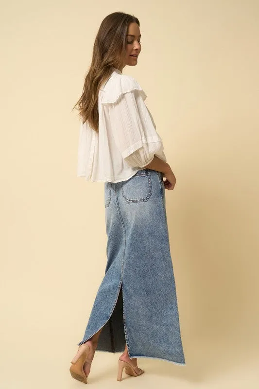 The Rita High Rise Flared Maxi Denim Skirt