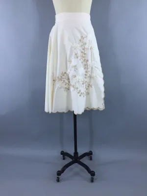 Vintage 1970s Wrap Circle Skirt with Ivory Floral Embroidery