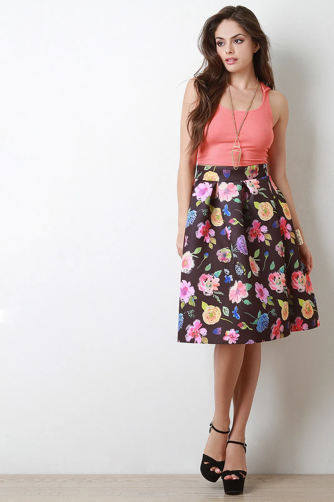 Watercolor Floral Scuba Pleated Midi Skirt