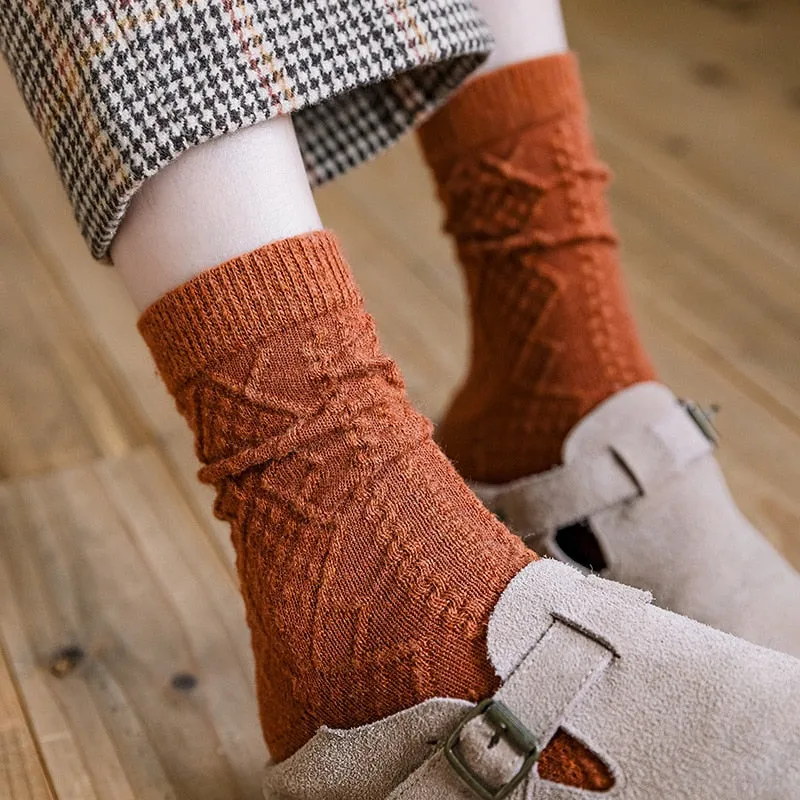 Winter Cashmere Wool Woman Socks Solid Retro Long Socks Crew Sock