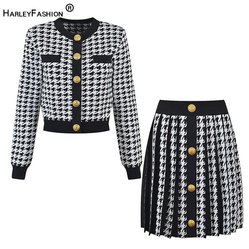 Women Mini Skirt Sexy 2 Pieces Set Houndstooth Pattern Early Fall Skinny Knit Casual Tennis Suits