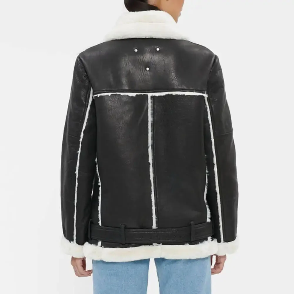 WOMEN’S BLACK OVERSIZED SHEARLING LEATHER JACKET