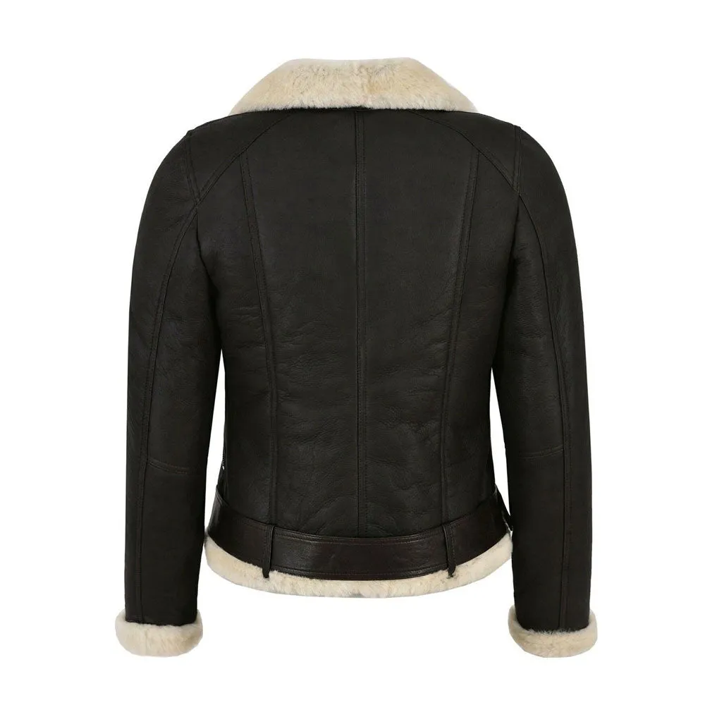 WOMENS GENUINE LEATHER FAUX FUR SHEARLING BIKER JACKET