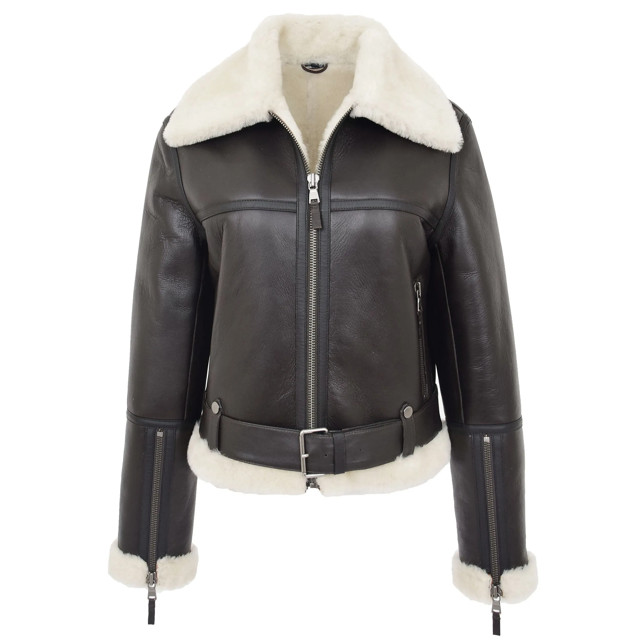 Womens Luxurious Brown Genuine Sheepskin Flying Jacket White Shearling Harriet