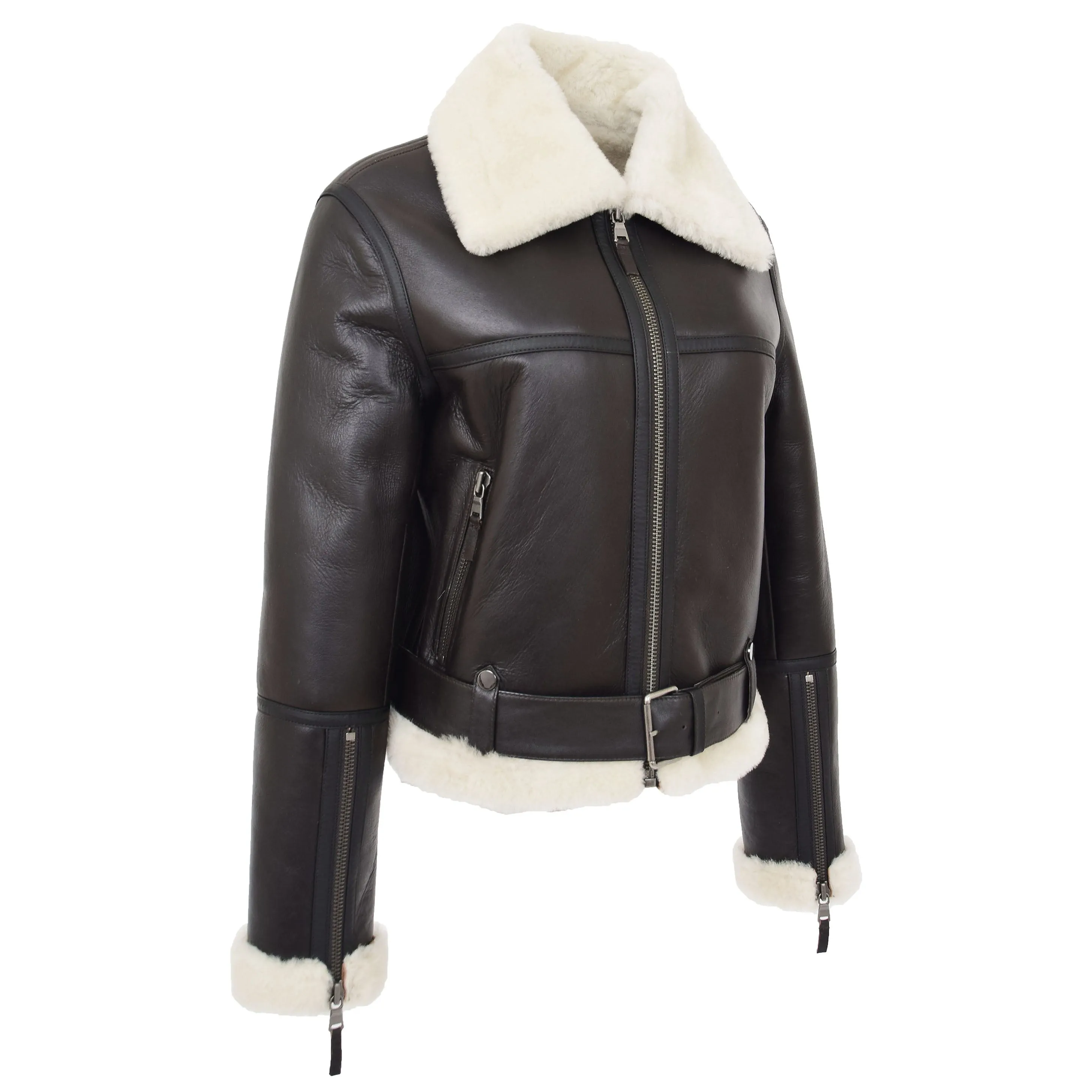 Womens Luxurious Brown Genuine Sheepskin Flying Jacket White Shearling Harriet