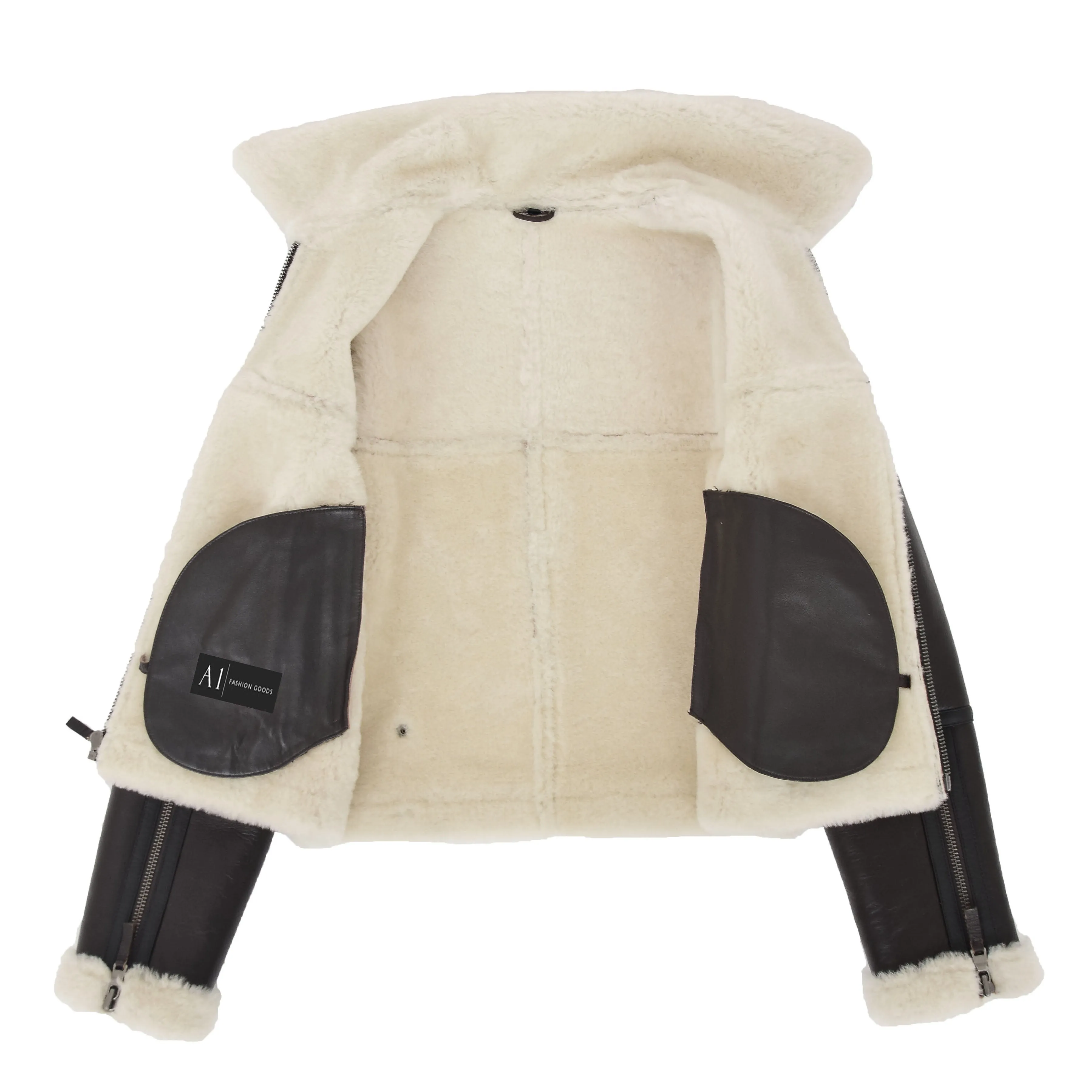 Womens Luxurious Brown Genuine Sheepskin Flying Jacket White Shearling Harriet