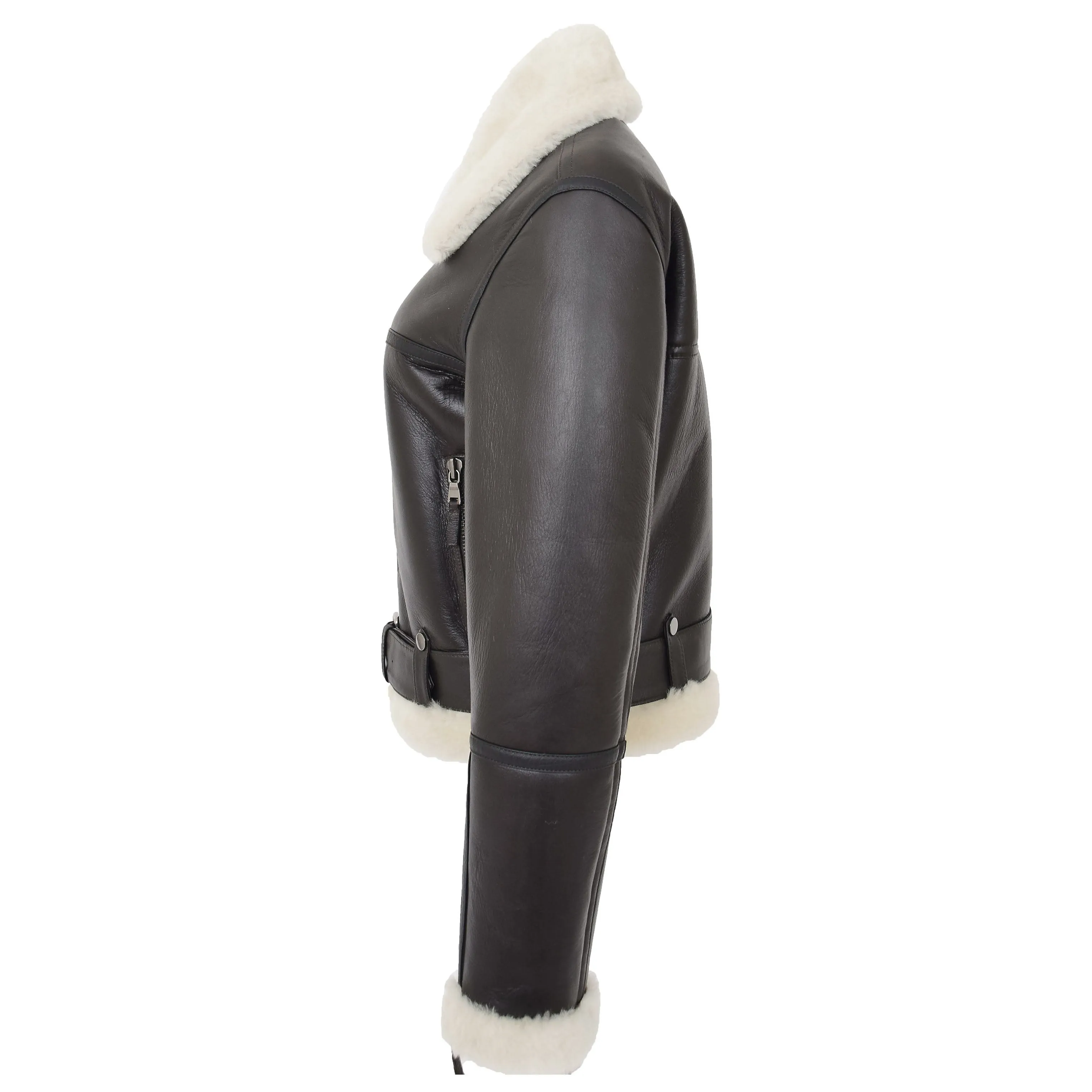 Womens Luxurious Brown Genuine Sheepskin Flying Jacket White Shearling Harriet