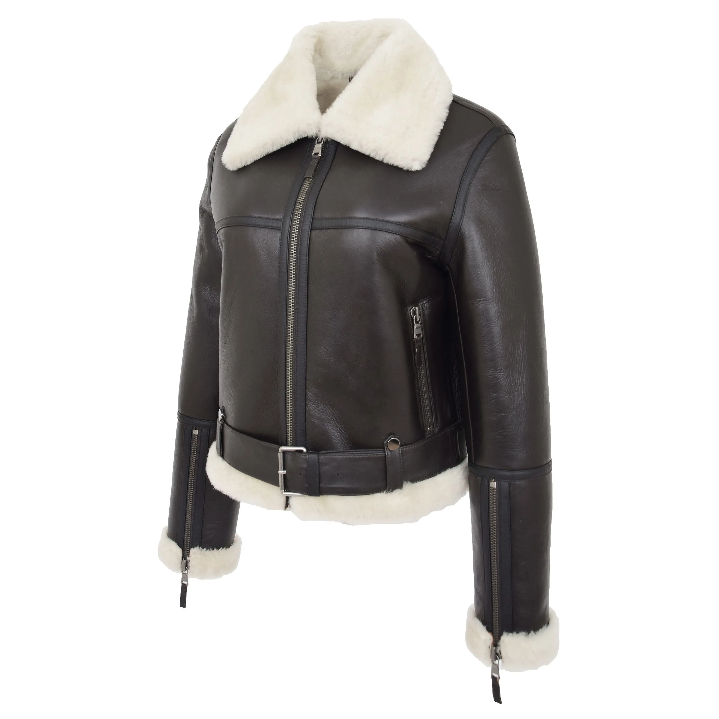 Womens Luxurious Brown Genuine Sheepskin Flying Jacket White Shearling Harriet