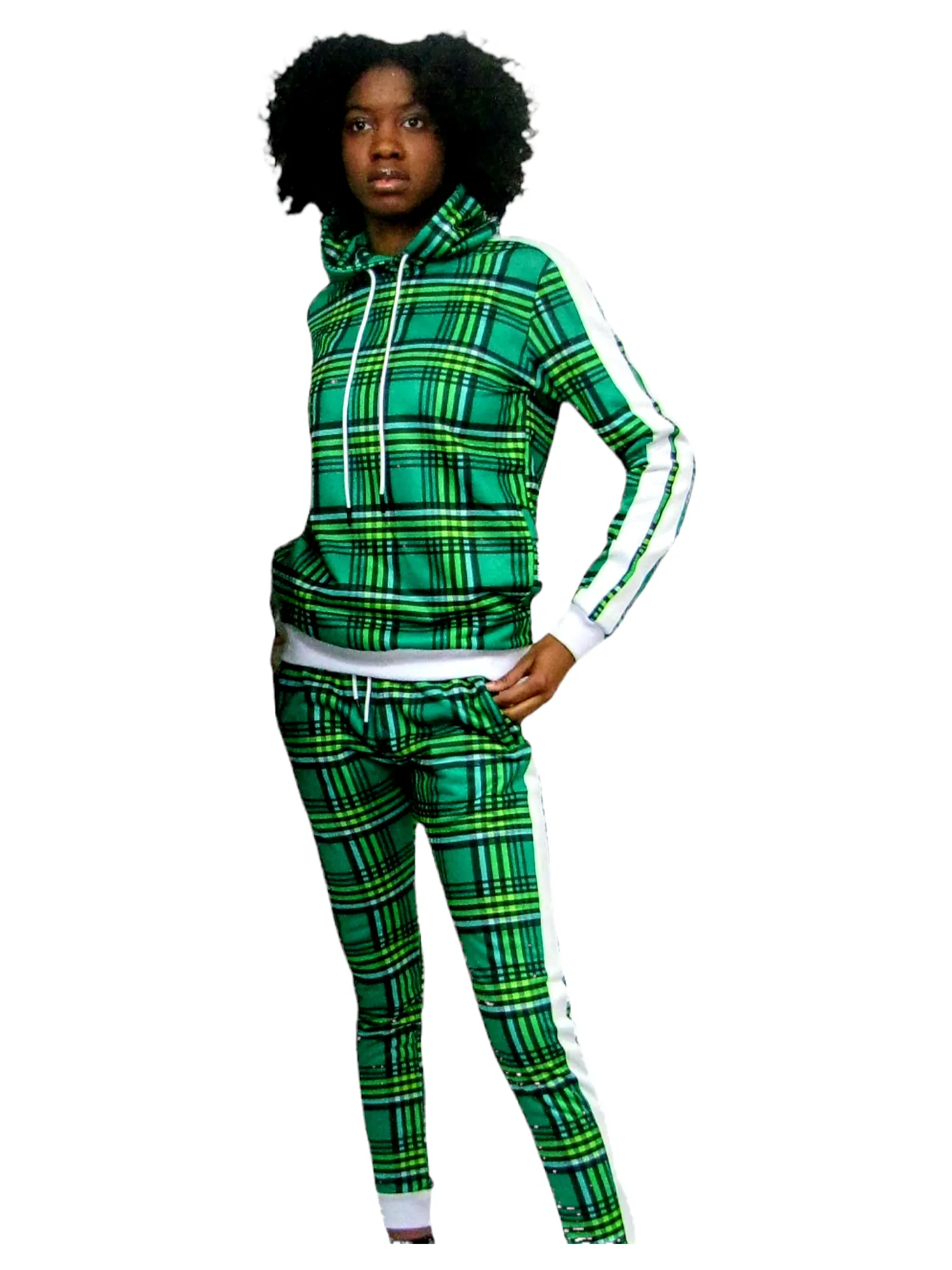 Women’s Slim-Fit Green Stripe Tracksuit Set – Stylish & Comfortable Two-Piece Outfit